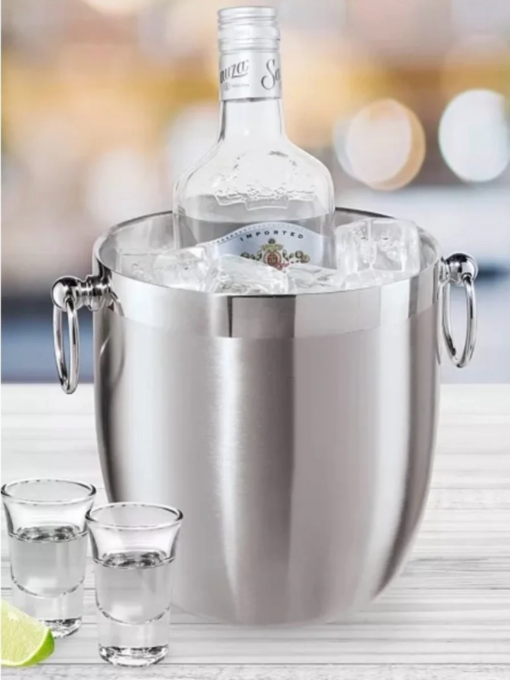 OGGI Stainless Steel Ice Bucket Bottle Chiller with Tongs Brushed Satin 7”x 7”